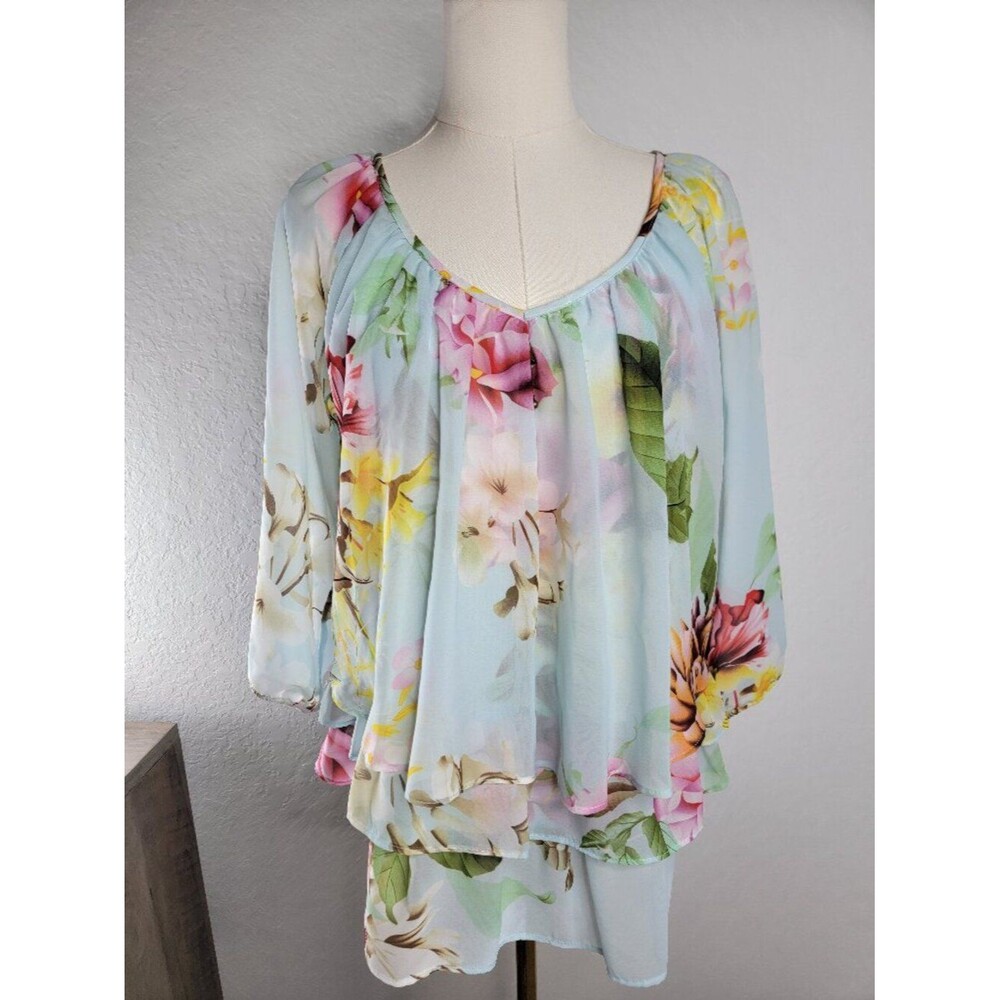 Joseph Ribkoff Floral Chiffon Layered Blouse Size 4 Sheer Pastel Blue
